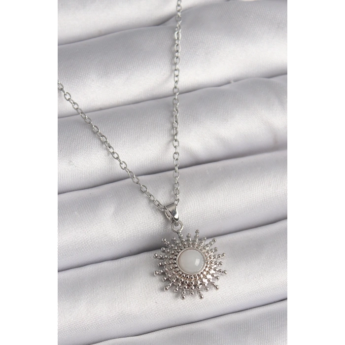 316L Çelik Gümüş Renk Zincir Beyaz Mineli Güneş Model Kadın Kolye