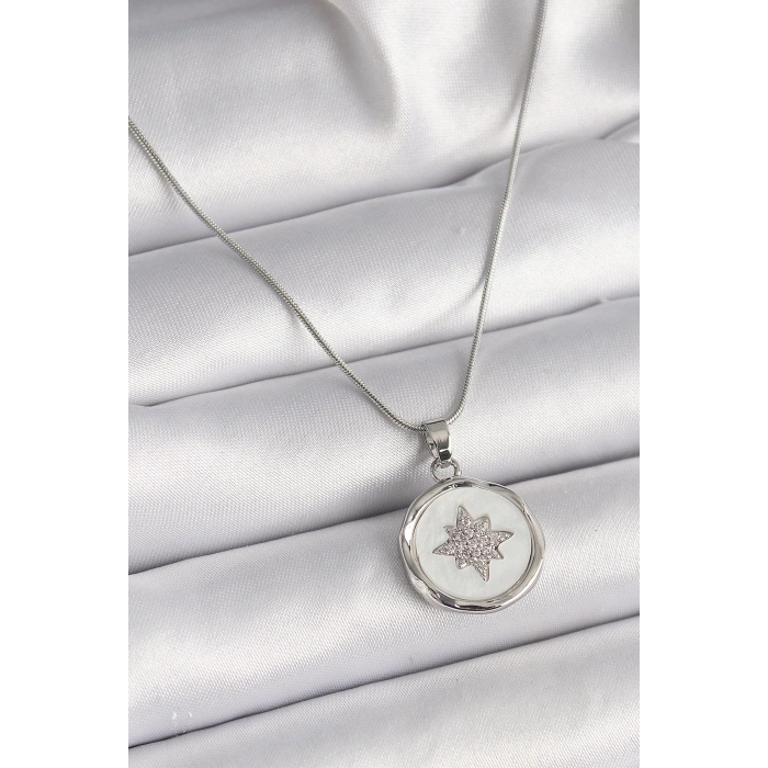 316L Çelik Gümüş Renk Zincir Beyaz Sedefli Zirkon Taşlı Yıldız İşleme Model Kadın Kolye