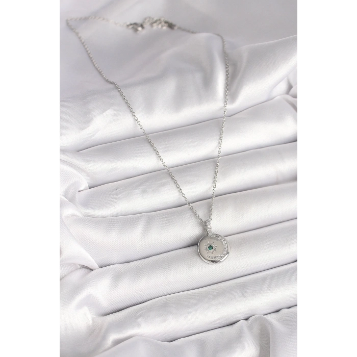 316L Çelik Gümüş Renk Zincir Madalyon Zirkon Taşlı İşlemeli Hilal Yıldız Model Kadın Kolye