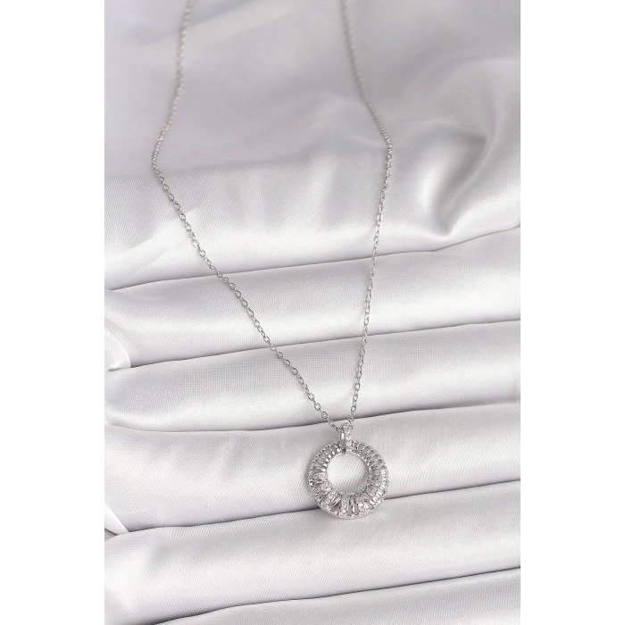 316L Çelik Gümüş Renk Zincir Zirkon Taş İşlemeli Daire Model Kadın Kolye