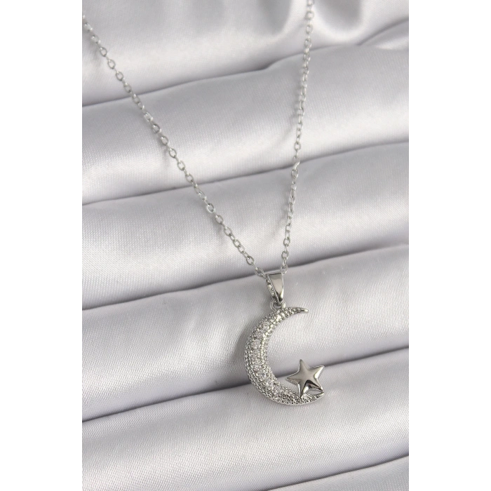 316L Çelik Gümüş Renk Zincir Zirkon Taşlı Hilal Model Yıldız Detay Kadın Kolye