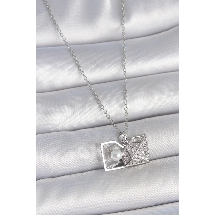 316L Çelik Gümüş Renk Zincir Zirkon Taşlı İncili Açılır Elmas Model Kadın Kolye