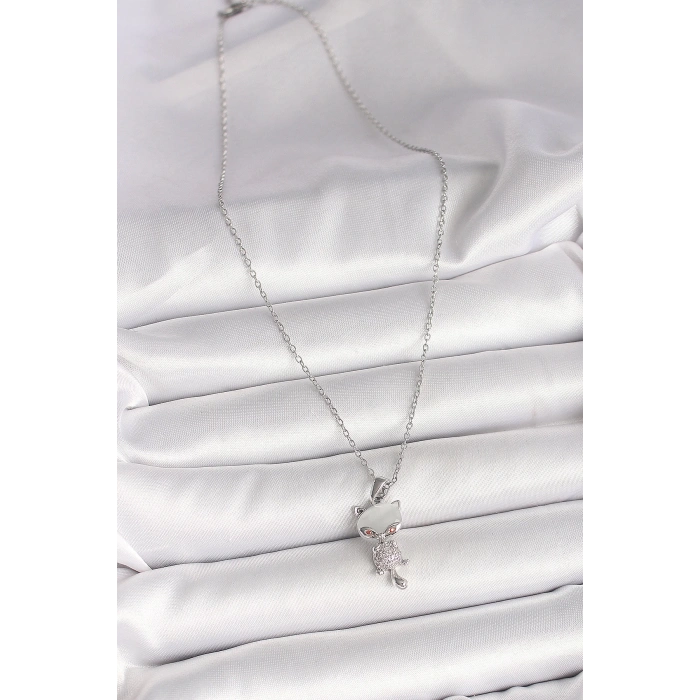 316L Çelik Gümüş Renk Zincir Zirkon Taşlı Kedi Model Kadın Kolye