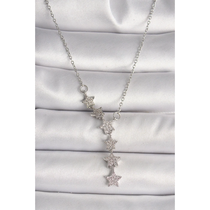 316L Çelik Gümüş Renk Zincir Zirkon Taşlı Yıldız Model Kadın Kolye
