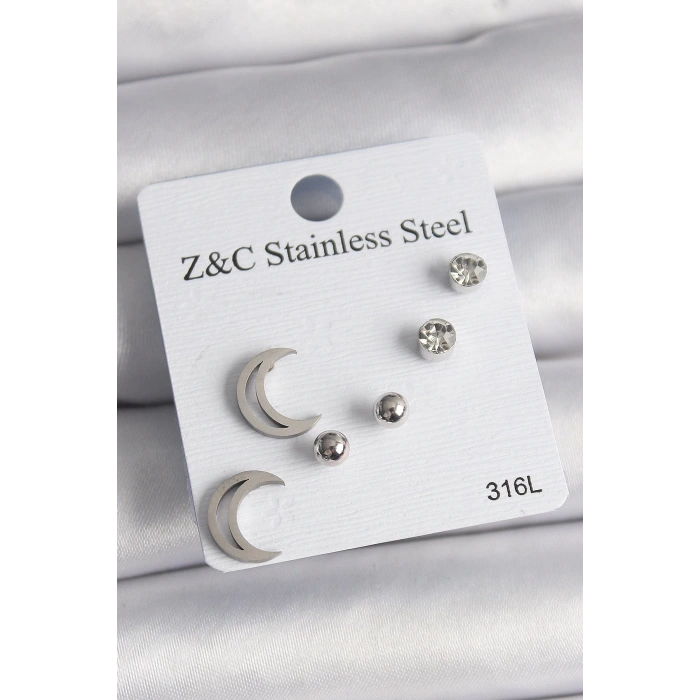 316L Çelik Gümüş Renk Zirkon Taşlı Hilal Model Kadın Küpe Seti