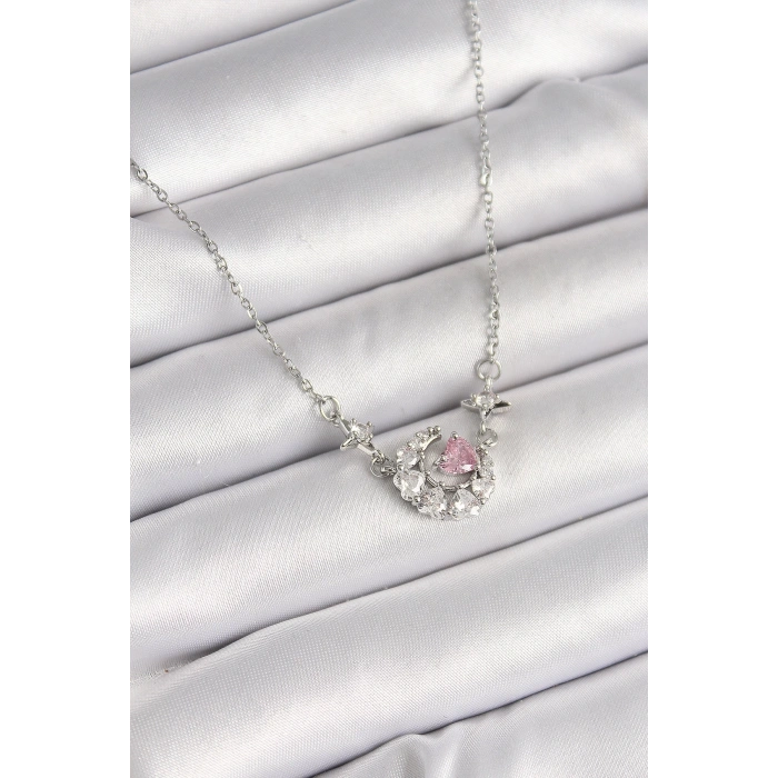 316L Çelik Gümüş Renk Zirkon Taşlı Hilal Pembe Kalp Model Kadın Kolye