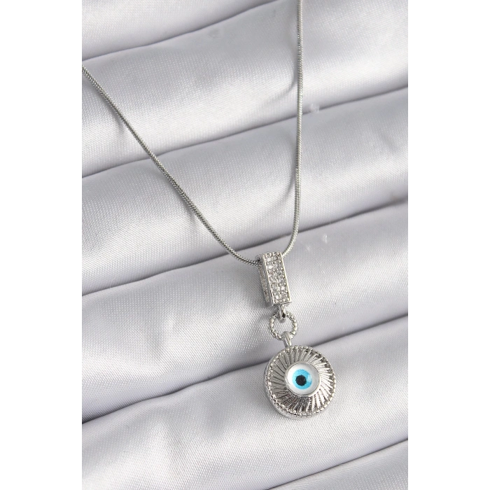 316L Çelik Gümüş Renk Zirkon Taşlı Nazar Boncuk Model Kadın Kolye