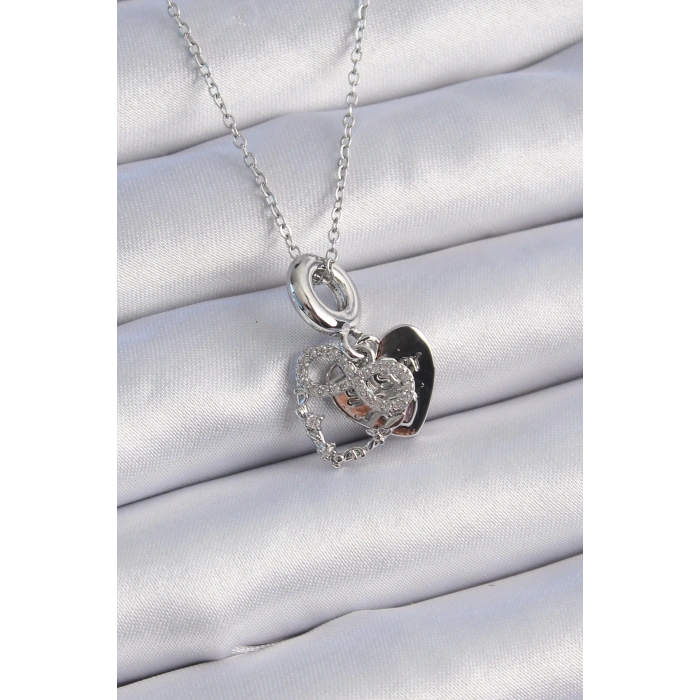 316L Çelik Gümüş Renk Zirkon Taşlı Sonsuzluk Kalp Figür Charm Model Kadın Kolye