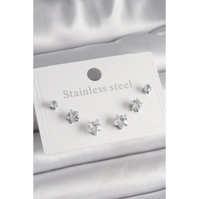 316L Çelik Gümüş Renk Zirkon Taşlı Yıldız Model Kadın Küpe Seti