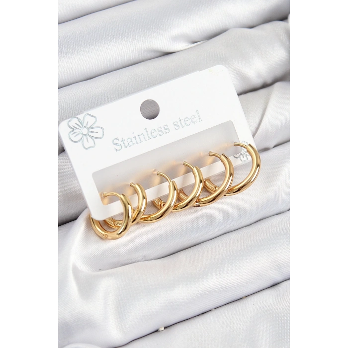 316L Çelik Halka Model Gold Renk 3lü Set Kadın Küpe