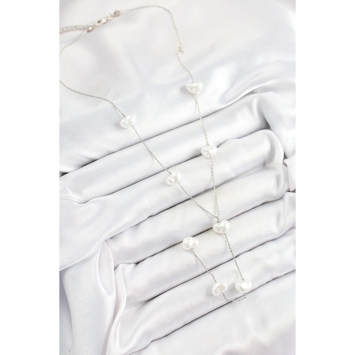 Pirinç İncili Kalp Figürlü Y Model Gümüş Renk Kadın Kolye