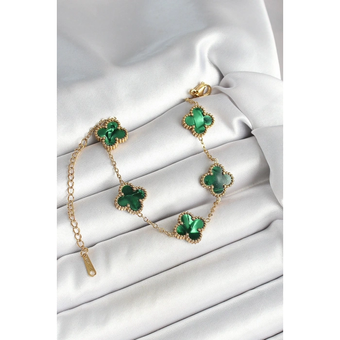 316L Çelik Sedefli Zümrüt Yeşil Gold Renk Yonca Kadın Bileklik