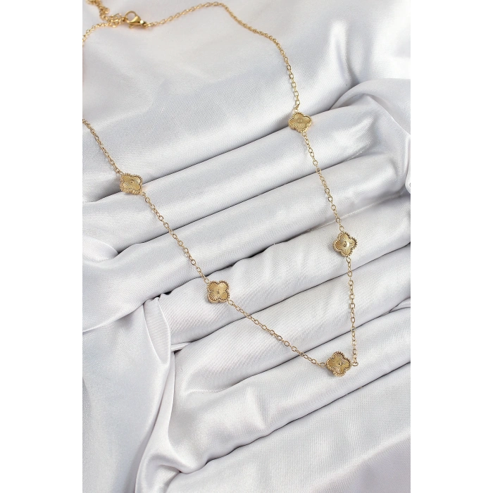 316L Çelik Yonca Model Gold Renk Kadın Kolye