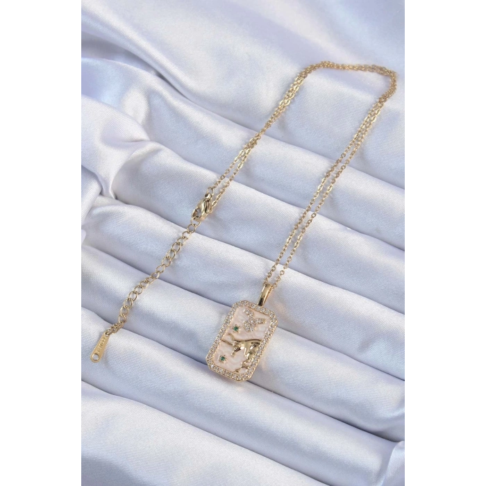 316L Çelik Zincir Altın Renk Zirkon Taşlı Boğa Figürlü Tarot Kolye