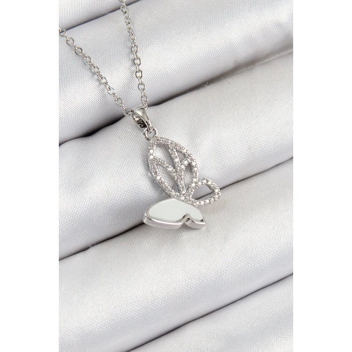 316L Çelik Zirkon Taşlı Kelebek Model Gümüş Renk Kadın Kolye