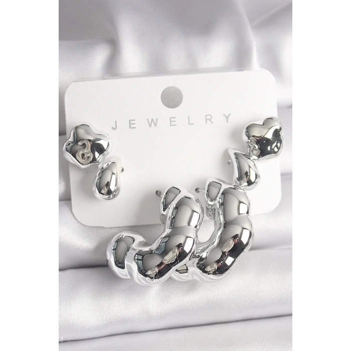 Gümüş Renk Yonca Damla Halka Model CCB Plastik Kadın Küpe Seti