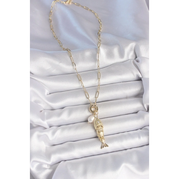 İnci Detaylı Zirkon Taşlı Balık Figürlü Gold Renk Pirinç Kolye