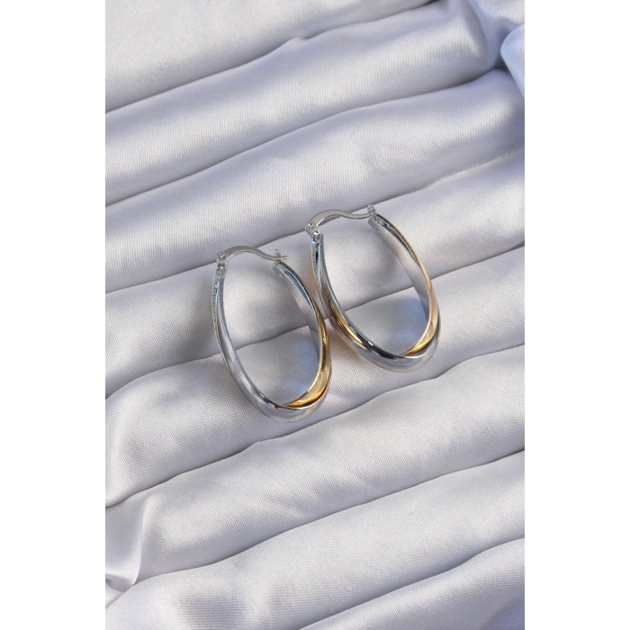 Pirinç Gold Gümüş Renkli Uzun Kıvrımlı Küpe