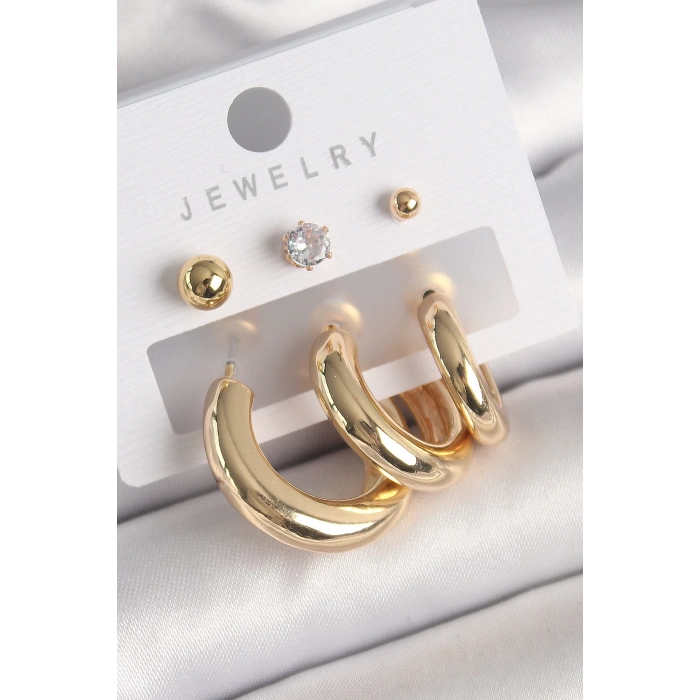 Pirinç Gold Renk Halka Model Zirkon Taşlı Topçuk Detay Kadın Küpe