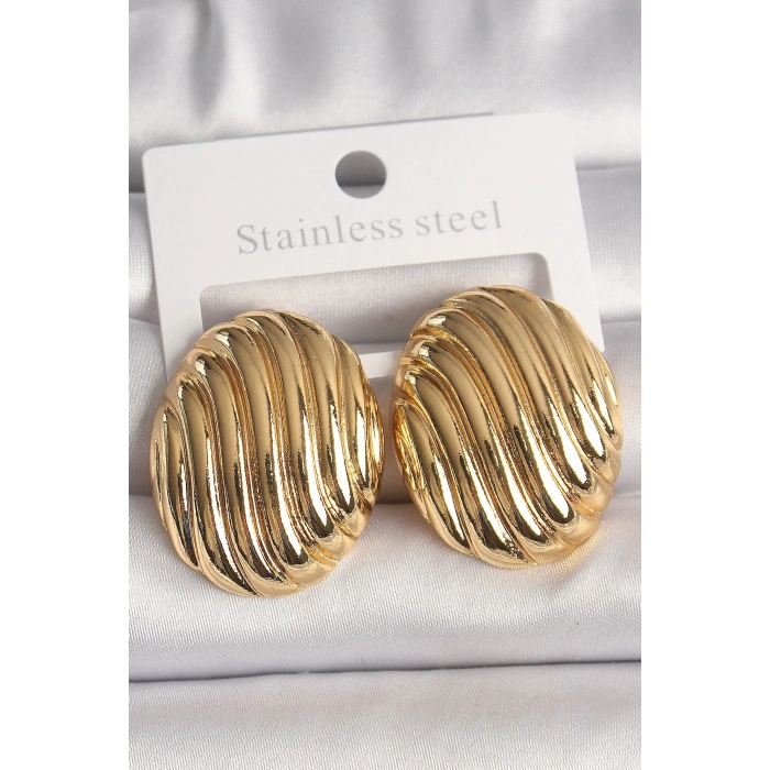 Pirinç Gold Renk İşlemeli Oval Model Kadın Küpe