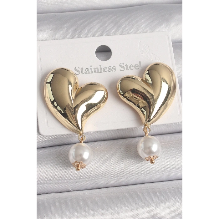 Pirinç Gold Renk Kalp Model Sallantı İnci Detay Kadın Küpe