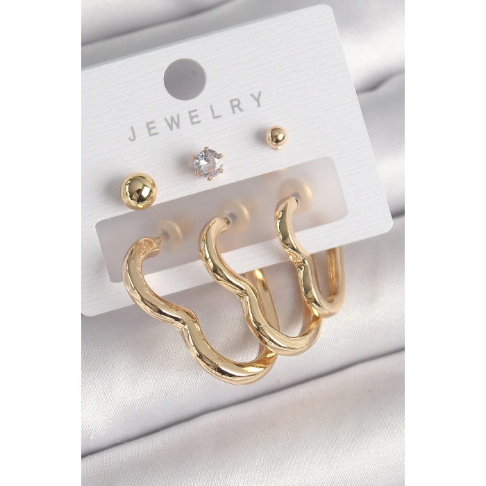 Pirinç Gold Renk Kalp Model Zirkon Taşlı Topçuk Detay Kadın Küpe Seti