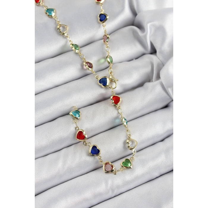 Pirinç Gold Renk Karışık Renk Zirkon Taşlı Kalpli Y Kadın Kolye