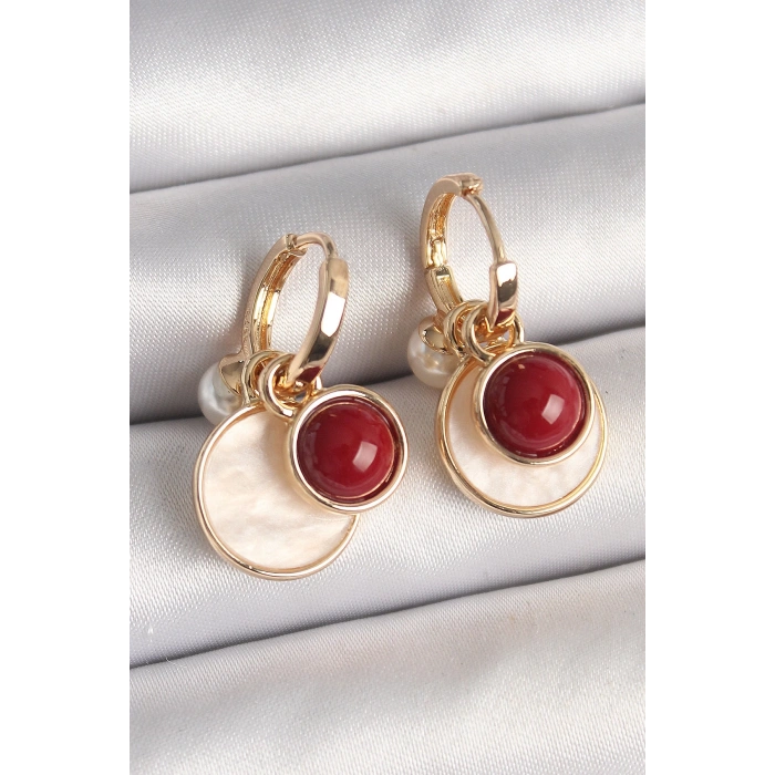 Pirinç Gold Renk Sallantı Beyaz Mineli Bordo Detay Kadın Küpe