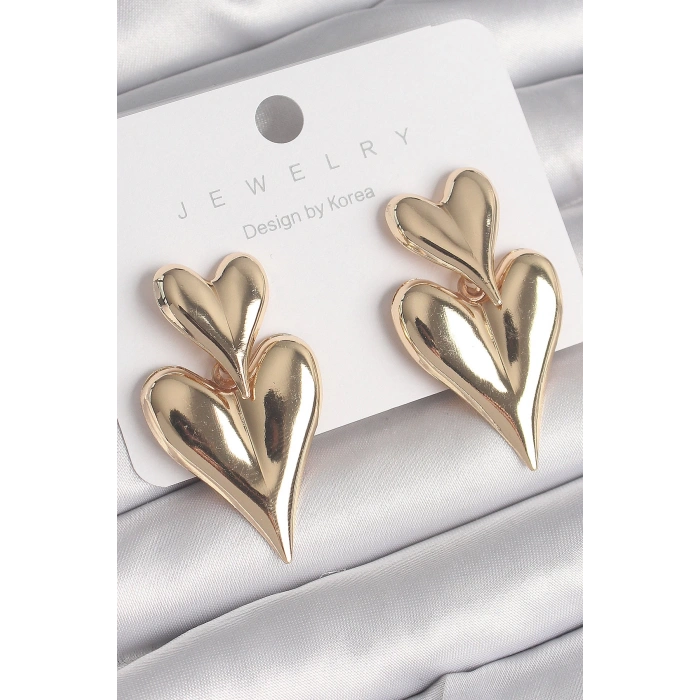 Pirinç Gold Renk Sallantı Kalp Model Kadın Küpe
