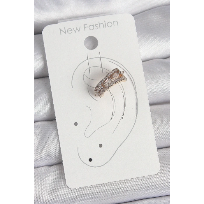 Pirinç Gold Renk Zirkon Taşlı 3Lü Sıralı Model Kadın Kıkırdak Küpe