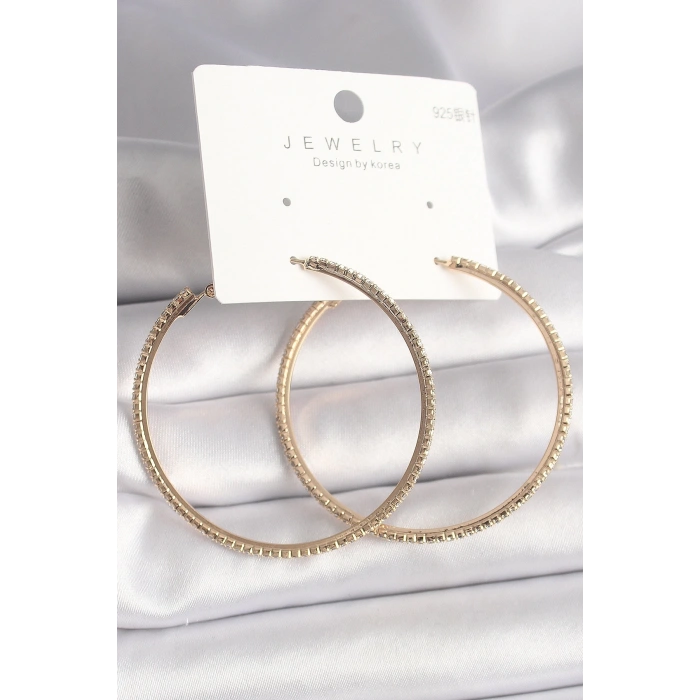 Pirinç Gold Renk Zirkon Taşlı Halka Model Kadın Küpe