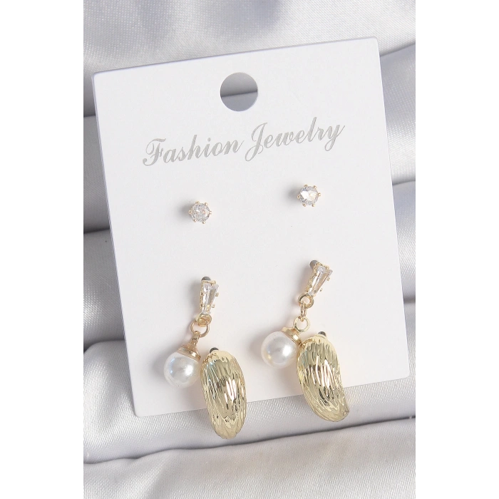 Pirinç Gold Renk Zirkon Taşlı İncili Sallantılı İşlemeli Damla Model 3 Çift Kadın Küpe Seti