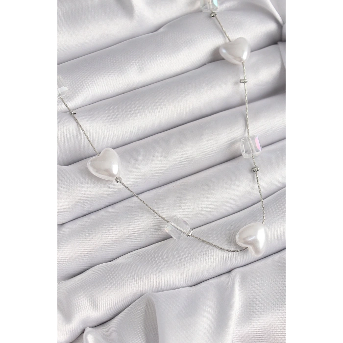 Pirinç Gümüş Renk Beyaz İnci Kalp Model Kadın Kolye