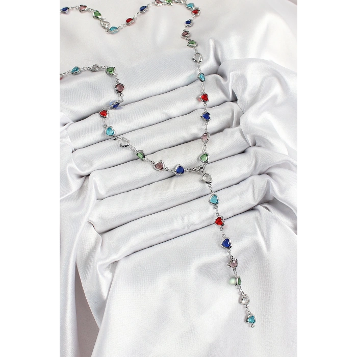 Pirinç Gümüş Renk Karışık Renk Zirkon Taşlı Kalpli Y Kadın Kolye