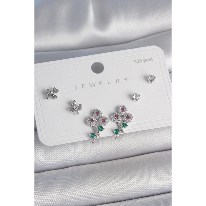 Pirinç Gümüş Renk Renkli Zirkon Taşlı Çiçek Model Yaprak Detay 925 Ayar Gümüş Çivi Kadın Küpe Seti