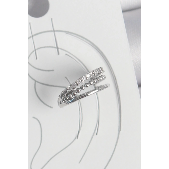 Pirinç Gümüş Renk Zirkon Taşlı 3Lü Sıralı Model Kadın Kıkırdak Küpe