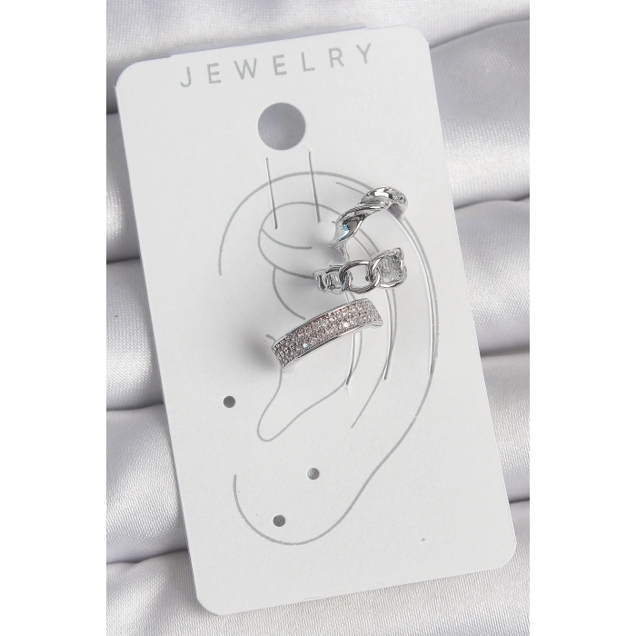 Pirinç Gümüş Renk Zirkon Taşlı 3Lü Zincir Sarmal Model Kadın Kıkırdak Küpe