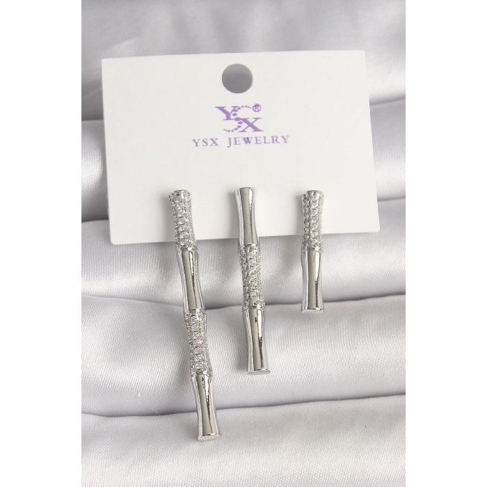 Pirinç Gümüş Renk Zirkon Taşlı Bambu Model 3Lü Kadın Kombin Küpe