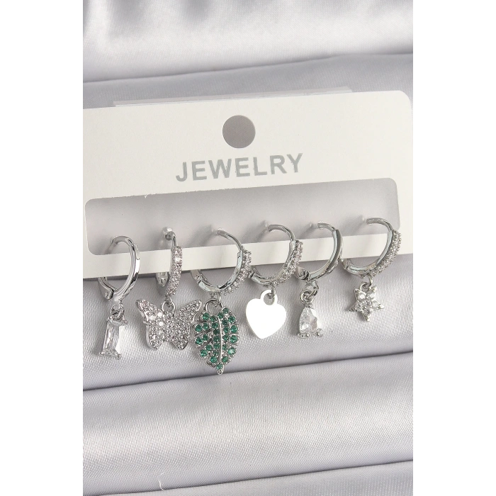 Pirinç Gümüş Renk Zirkon Taşlı Çoklu Figür Kadın Küpe Seti