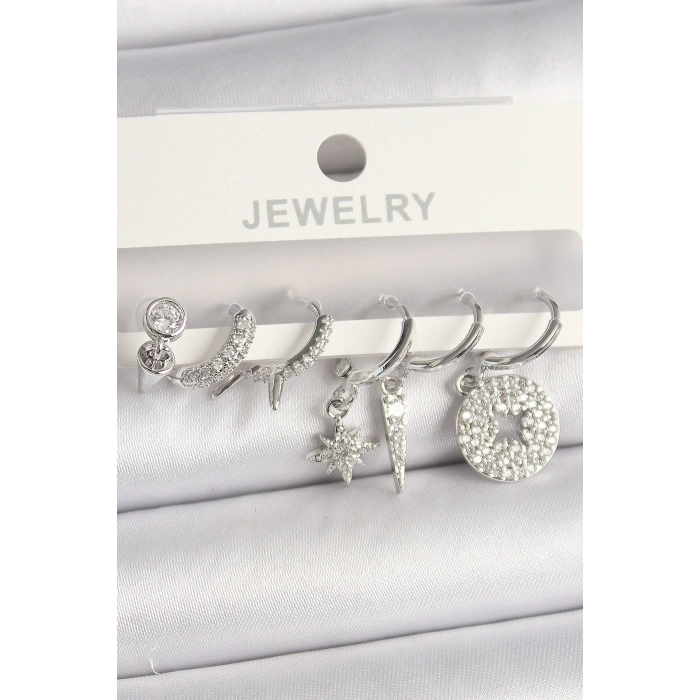 Pirinç Gümüş Renk Zirkon Taşlı Çoklu Figür Kadın Küpe Seti