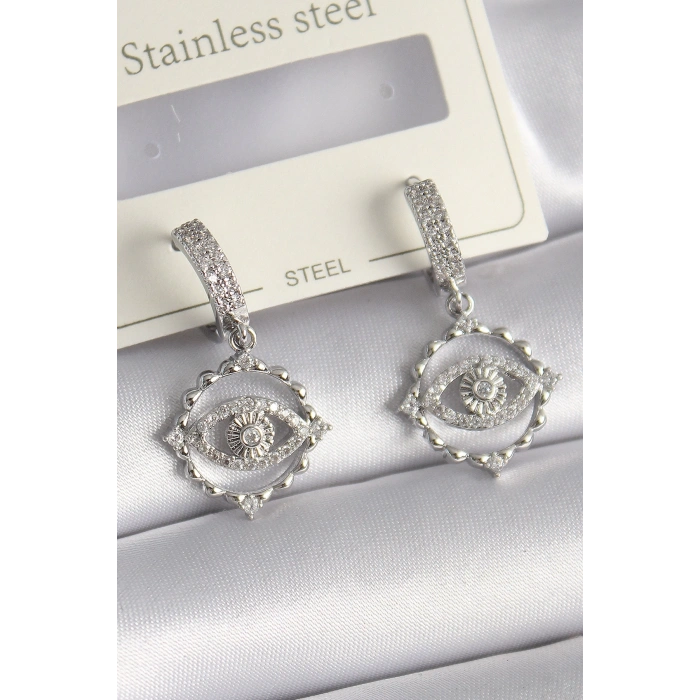 Pirinç Gümüş Renk Zirkon Taşlı Göz Model Kadın Küpe