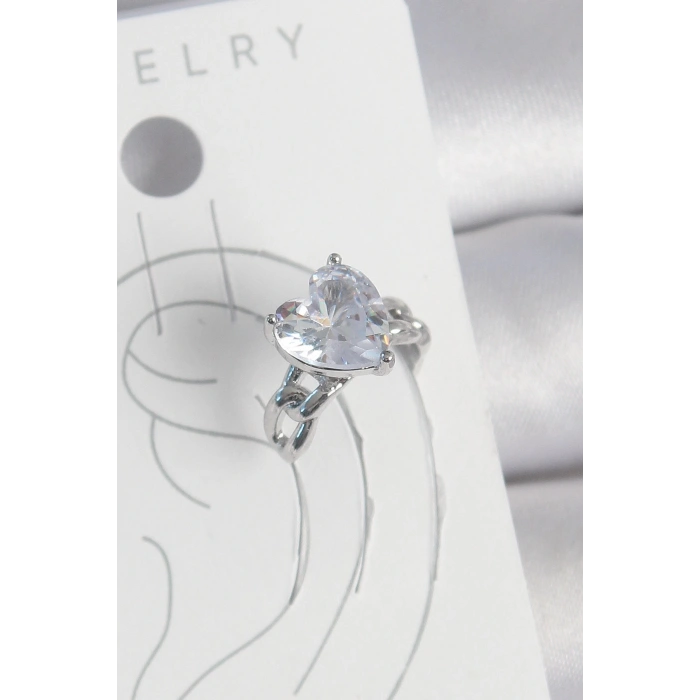 Pirinç Gümüş Renk Zirkon Taşlı Kalp Model Kadın Kıkırdak Küpe