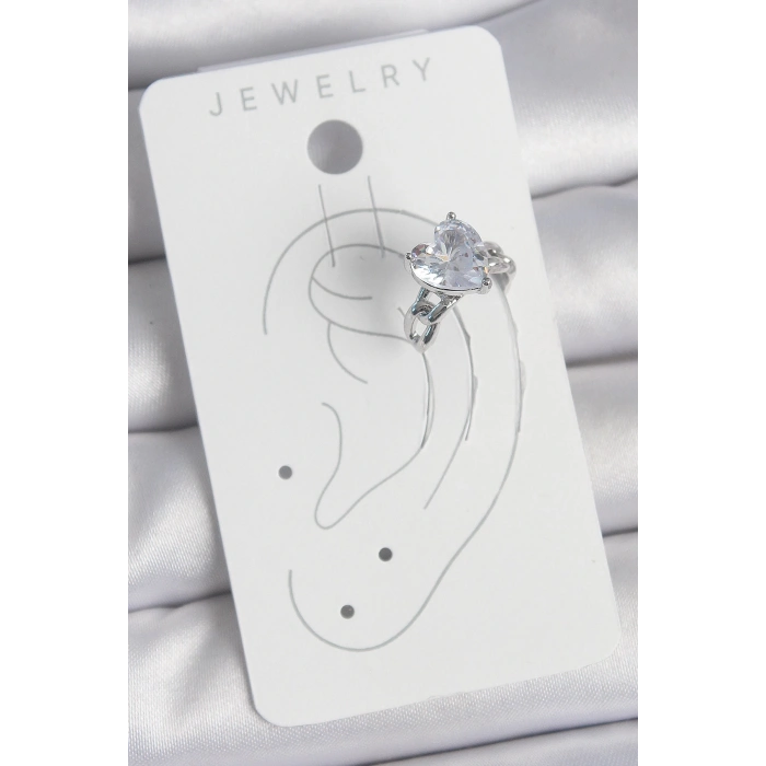 Pirinç Gümüş Renk Zirkon Taşlı Kalp Model Kadın Kıkırdak Küpe