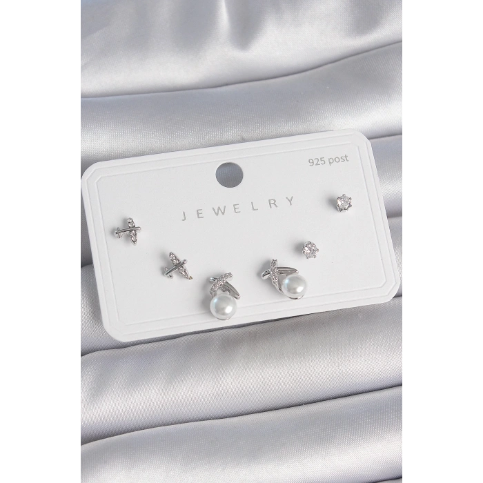 Pirinç Gümüş Renk Zirkon Taşlı Kelebek Model İnci Detay 925 Ayar Gümüş Çivi Kadın Küpe Seti