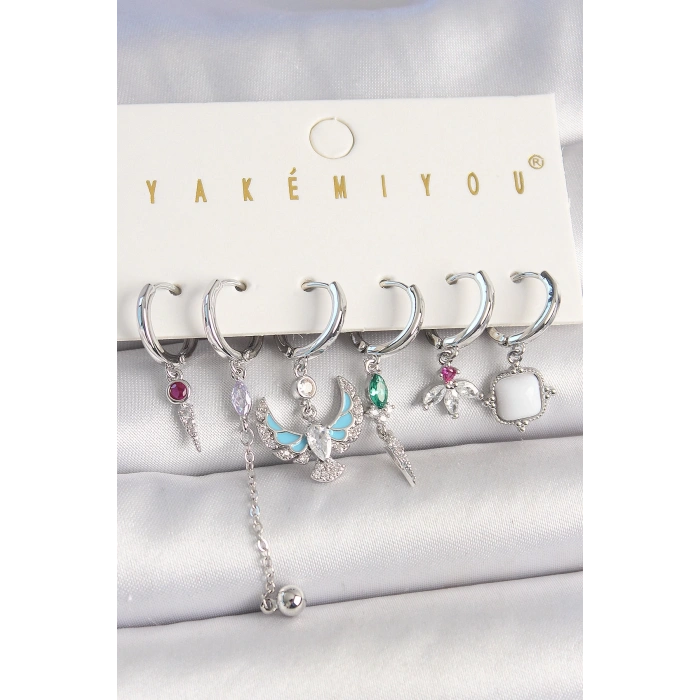 Pirinç Gümüş Renk Zirkon Taşlı Kuş Figür Çiçek Detay 6Lı Kadın Kombin Küpe