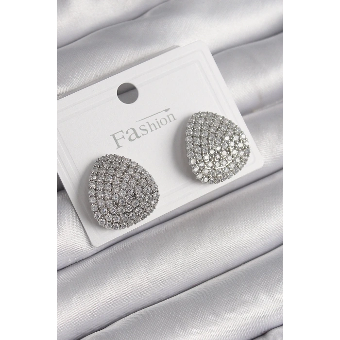 Pirinç Gümüş Renk Zirkon Taşlı Plaka Model Kadın Küpe