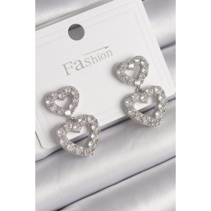 Pirinç Gümüş Renk Zirkon Taşlı Sallantı Kalp Model Kadın Küpe