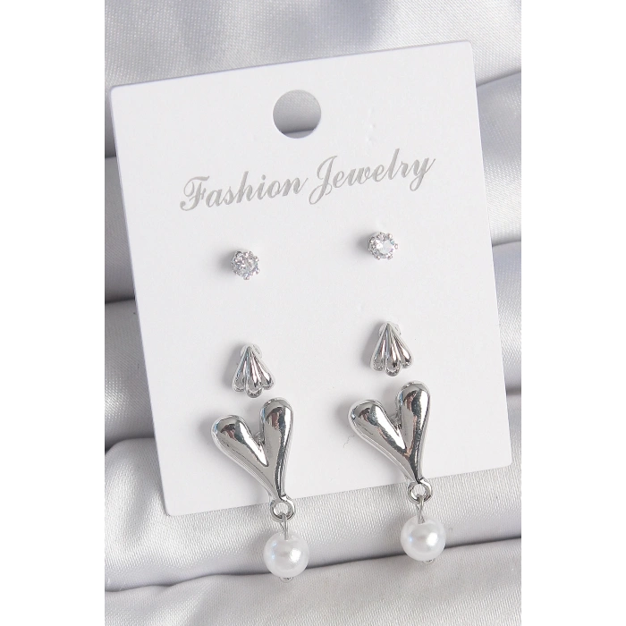 Pirinç Gümüş Renk Zirkon Taşlı Sallantılı Kalp Model 3 Çift Kadın Küpe Seti