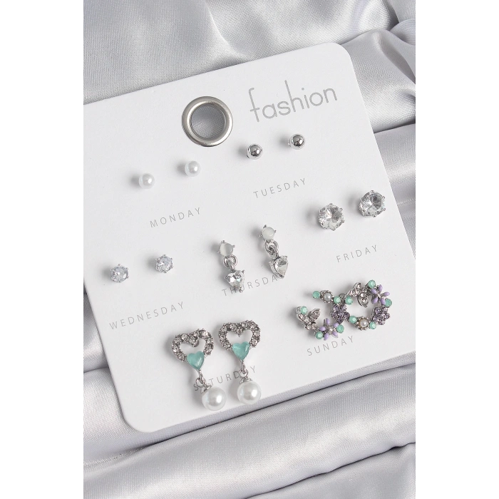 Pirinç Gümüş Renk Zirkon Taşlı Sallantılı Kalp Model Çiçek Detay 7 Çift Kadın Küpe Seti