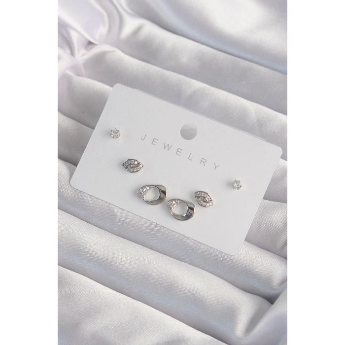 Pirinç Gümüş Renk Zirkon Taşlı Yaprak Model Küpe Seti